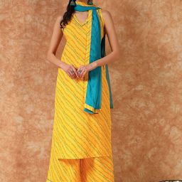 Meeranshi Leheriya Printed Sleeveless Straight Pure Cotton Kurta With Palazzos & Dupatta-picture-25