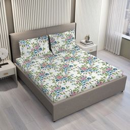 Layers White & Blue Floral 220 TC King Bedsheet with 2 Pillow Covers-image-81
