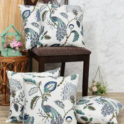 Clasiko Blue & White 5 Pieces Floral Printed Cotton Square Cushion Covers-39