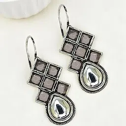 FEMMIBELLA Silver-Plated Artificial Stones Studded Diamond Shaped Oxidised Drop Earrings-image-33