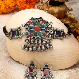 Moedbuille Silver-Plated Stone & Ghungroo Studded Oxidised Jewellery Set-image-91