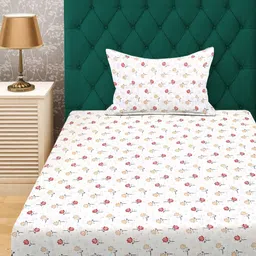 Myntra Elegant Homes Cream-Coloured & Orange Floral 300 TC Single Bedsheet with 1 Pillow Covers-image-35