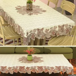 Aura Cream-Coloured Set of 2 Floral Waterproof Cotton 6-Seater Table Cover with Embroidered details-11