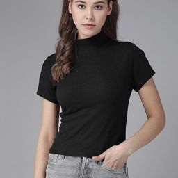 Roadster Women Black Solid High Neck Ribbed Top-picture-10