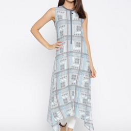 AURELIA Women White & Blue Printed Asymmetric Hemline A-Line Kurta-image-29
