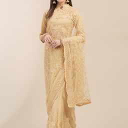 Mitera Beige Embroidered Net Saree-image-96