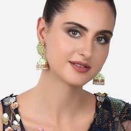 Zaveri Pearls Green & Pink Dome Shaped Jhumkas Earrings-image-66