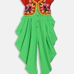 Twisha Girls Green & Red Printed Dhoti Style Jumpsuit with Jacket-picture-4
