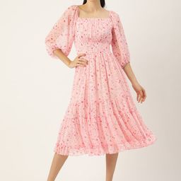 Antheaa Pink Floral Chiffon Midi Dress-picture-34