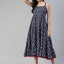 Divena Women Navy Blue & Maroon Pure Cotton Ethnic Motifs A-Line Midi Dress-picture-10