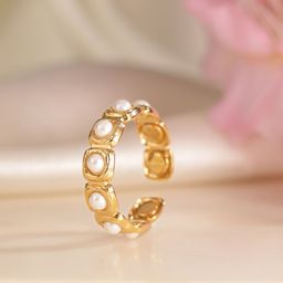 Avyana 18K Gold Plated Pearl Studded Stainless Steel Ring-14