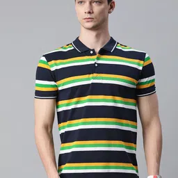 Pierre Carlo Men Navy Blue & Green Striped Polo Collar T-shirt-image-92