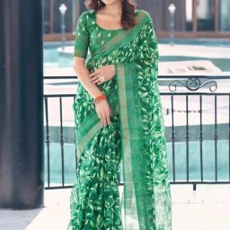 Satrani Green Floral Print Saree With Unstitched Blouse-image-48