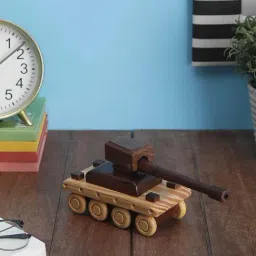 VarEesha Wheels of Wood Beige & Brown Sheesham Wood Decorative Tank - Set of 1-43