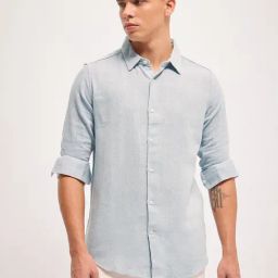 The Bear House Blue Cotton Slim Fit Solid Casual Shirt-image-35