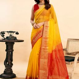 Satrani Yellow Organza Striped Saree With Unstitched Blouse-image-14