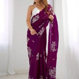 Satrani Purple Chiffon Embroidered Saree With Unstitched Blouse-picture-36