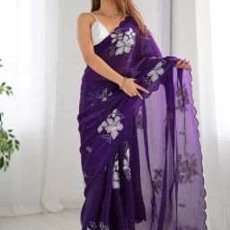 Satrani Purple Chiffon Embroidered Saree With Unstitched Blouse-picture-14