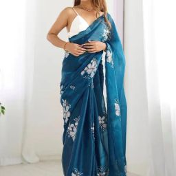 Satrani Blue Chiffon Embroidered Saree With Unstitched Blouse-image-15