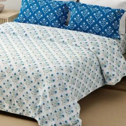 Layers Forever Blue & White Cotton Floral 120 TC Flat King Bedsheet with 2 Pillow Covers-picture-10