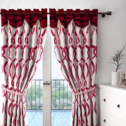 Cortina Maroon & Beige Set of 2 Fancy Valance Abstract Printed Door Curtains-2