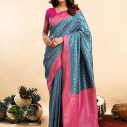 Satrani Blue Silk Blend Woven Saree With Unstitched Blouse-image-36
