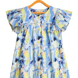 StyloBug Girls Blue Cotton Floral Print Regular Fit Dress-image-72