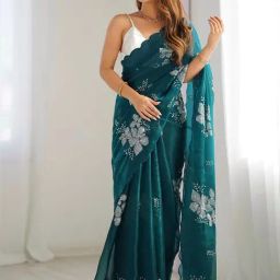 Satrani Teal Chiffon Embroidered Saree With Unstitched Blouse-picture-47