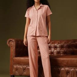 Clovia Peach Cotton Relaxed Fit Floral Print Pyjama Sets-picture-8