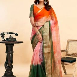 Satrani Orange Organza Striped Saree With Unstitched Blouse-picture-49
