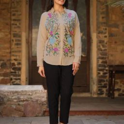 Juniper Brown Rayon Regular fit Embroidered Shirt-image-2