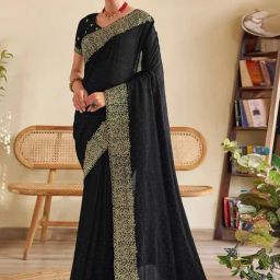 Satrani Black Embellished Saree With Unstitched Blouse-image-21