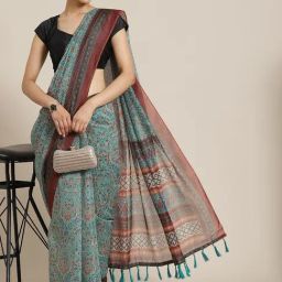Silk Land Blue Cotton Kalamkari Ready To Wear Saree with Unstitched Blouse-picture-14