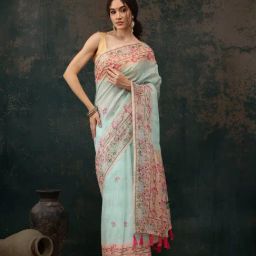 Silk Land Blue Floral Ready To Wear Saree with Unstitched Blouse-picture-41