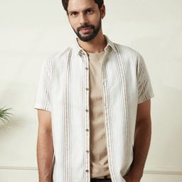 WROGN Men Comfort Slim Fit Spread Collar Vertical Striped Cotton Casual Shirt-image-87