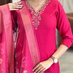 TWINS LADY Floral Embroidered V-Neck Straight Kurta With Trousers And Dupatta-14
