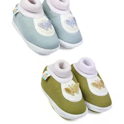 Neska Moda 3 To 12 Month 2 Pair Set Newborn Unisex Baby Skin Friendly Soft Cotton Butterfly Booties (Toe to Heel Length - 12 cm, Grey, Mehndi)-7