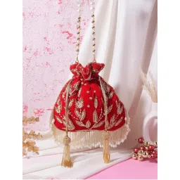SWISNI Womens Red Embroidered Potli Bag-picture-8
