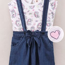 ToffyHouse Half Sleeves Tops and Skirt with Suspenders Multiprint - White Blue-picture-33