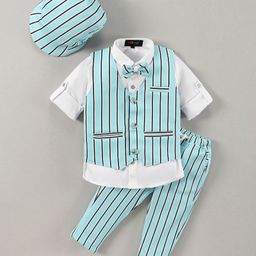 Robo Fry Full Sleeves Striped 3 Pieces Party Suit With Bow & Cap - Sea Blue-picture-16