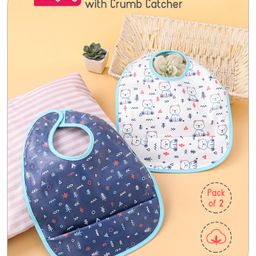 Babyhug 100% Cotton  TPU Lamination Waterproof Bibs with Crumb Catcher Teddy Print Pack of 2- Blue & White-picture-18