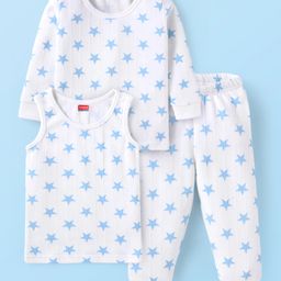 Babyhug Full Sleeves Vest Pullover & Bottom Thermal Wear Combo Star Print Pack Of 3 - White-16