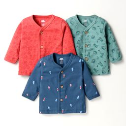 Pink Rabbit Sinker Knit Full Sleeves Front Open Vests with Vehicle Dino & Ice Cream Print Pack of 3 - Navy Blue Light Green & Red-5
