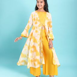 Pine Kids Viscose Woven Embroidered Top and Palazzo with Full Sleeves Tie Dye Shrug - Yellow-image-130