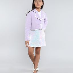 Taffykids Solid Top With Sequins Embellished Skirt & Full Sleeves Winter Jacket Set - Lilac & White-image-77