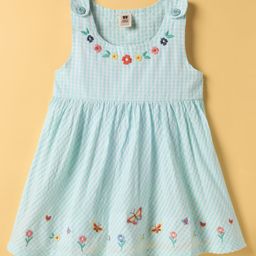 ToffyHouse Cotton Woven Sleeveless Checks Frock With Floral Print - Sea Green-picture-29