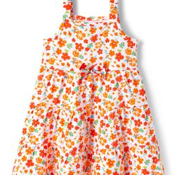 Babyhug Single Jersey Knit Sleeveless Tiered Frock with Floral Print & Bow Applique - White-image-22