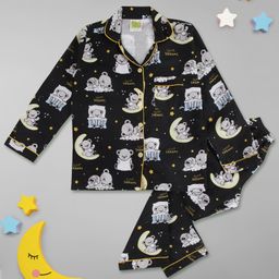 Pyjama Party Cotton Rayon Woven Full Sleeves Sweet Dreams Printed Coordinating Night Suit Set - Black-image-4