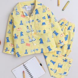 Knitting Doodles Pure Cotton Woven Full Sleeves Chess Pieces Printed Coordinating Night Suit Set - Yellow-picture-22