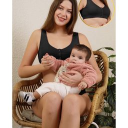 Zelena 90% Cotton 10% Elastane Solid Ribbed Non Padded Maternity Bra With Nursing Access - Black-image-45